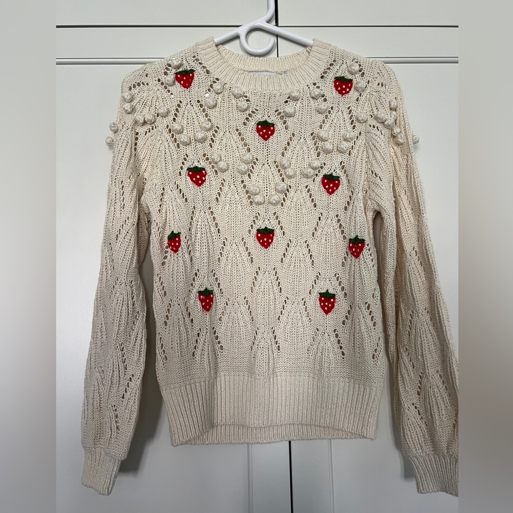 Greylin Cream Sweater with Red embroidered Strawberry Accents and Pom poms